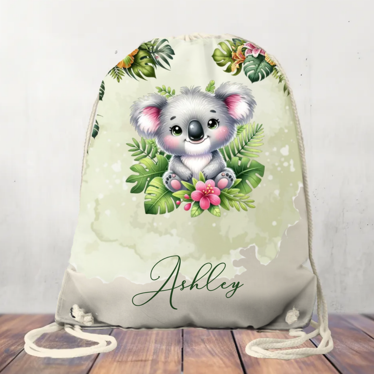 Canvas Drawstring Bag Personalised Tropical Koala