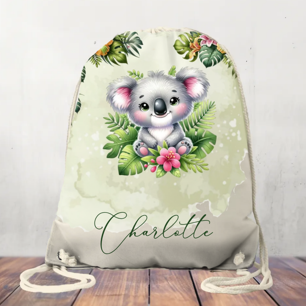 Canvas Drawstring Bag Personalised Tropical Koala