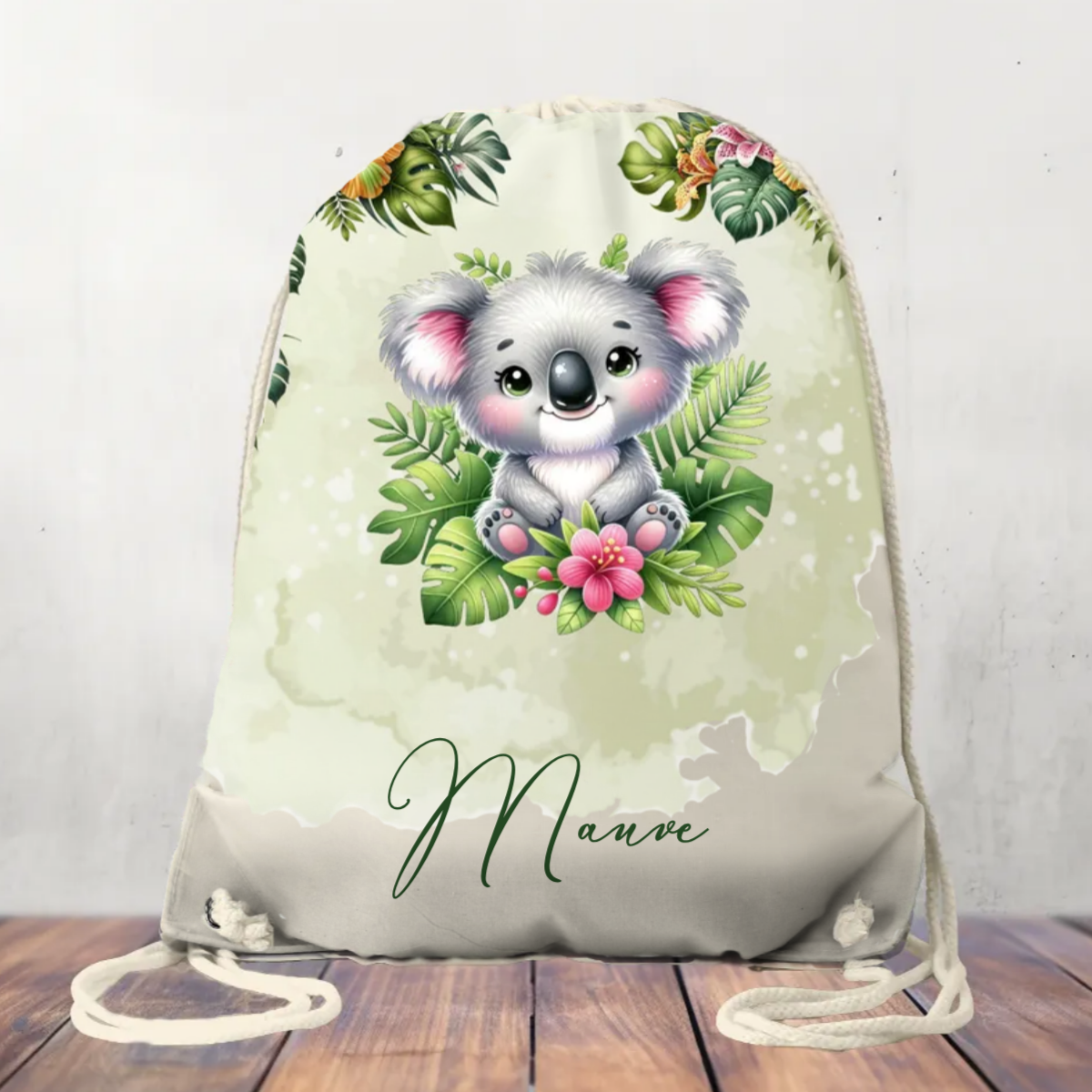 Canvas Drawstring Bag Personalised Tropical Koala