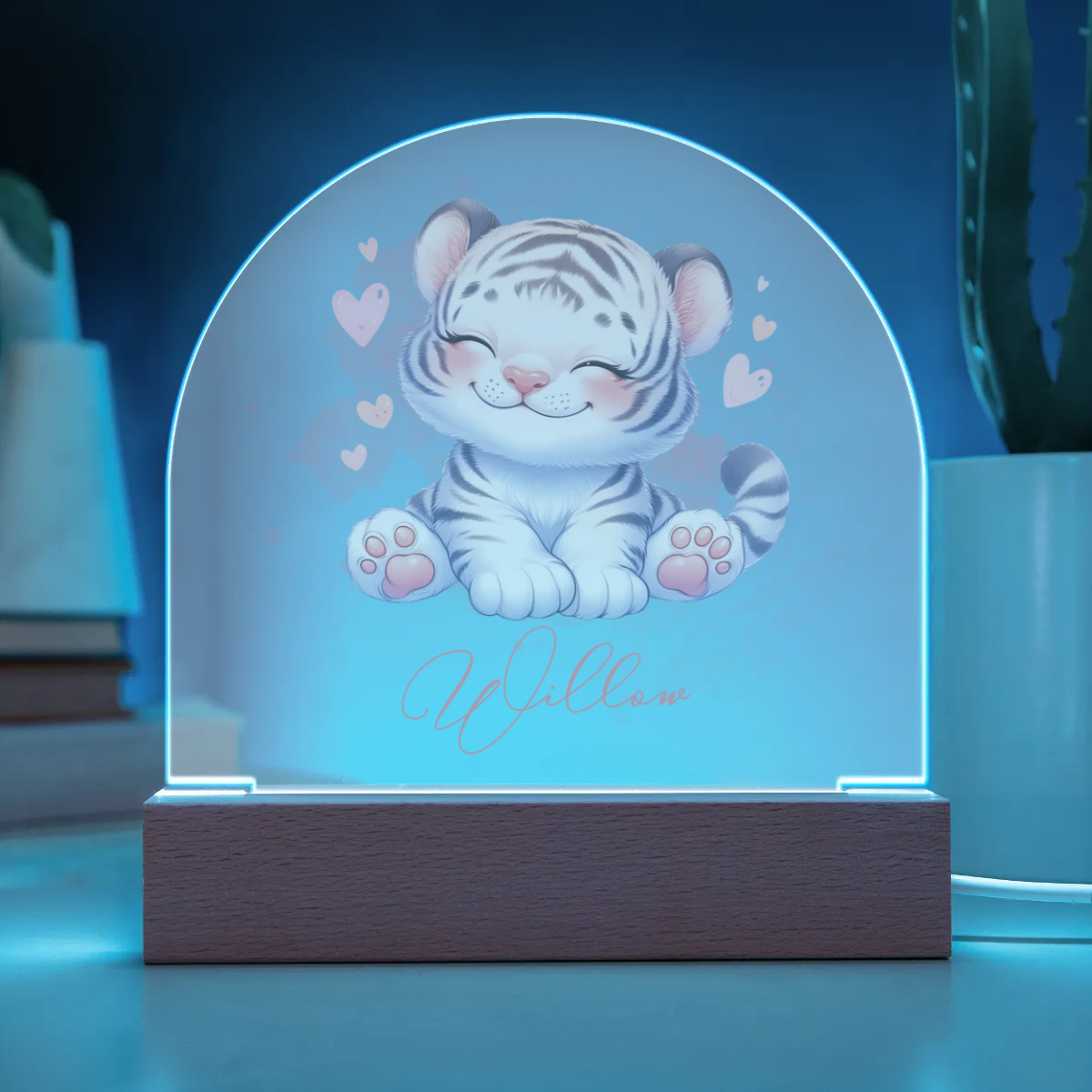Personalised White Tiger Acrylic Dome Plaque Wooden Base Night Light