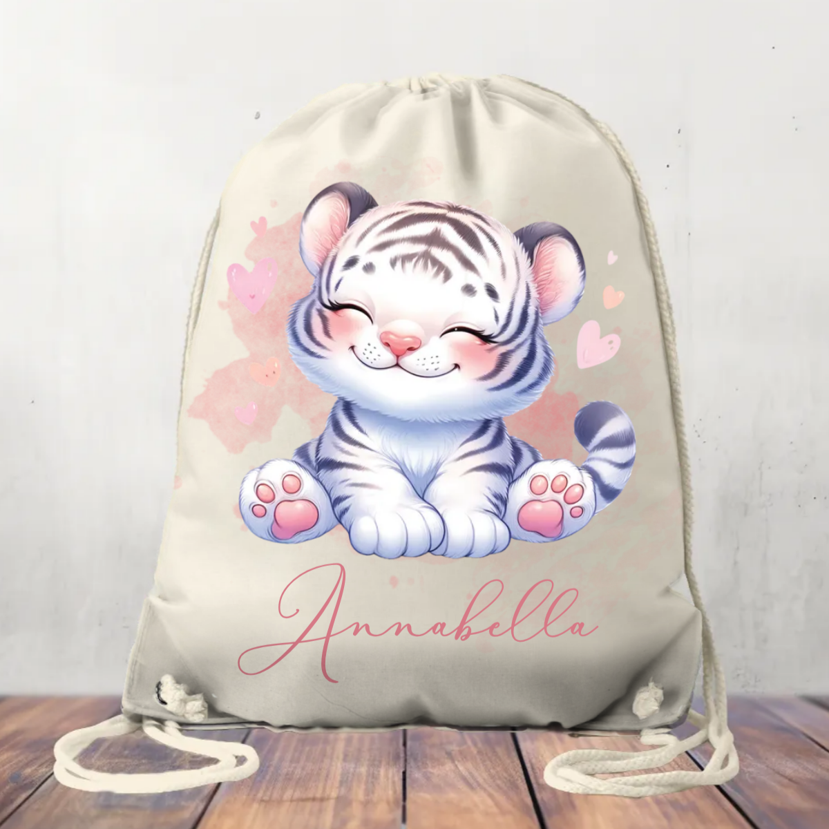 Canvas Drawstring Bag Personalised White Tiger