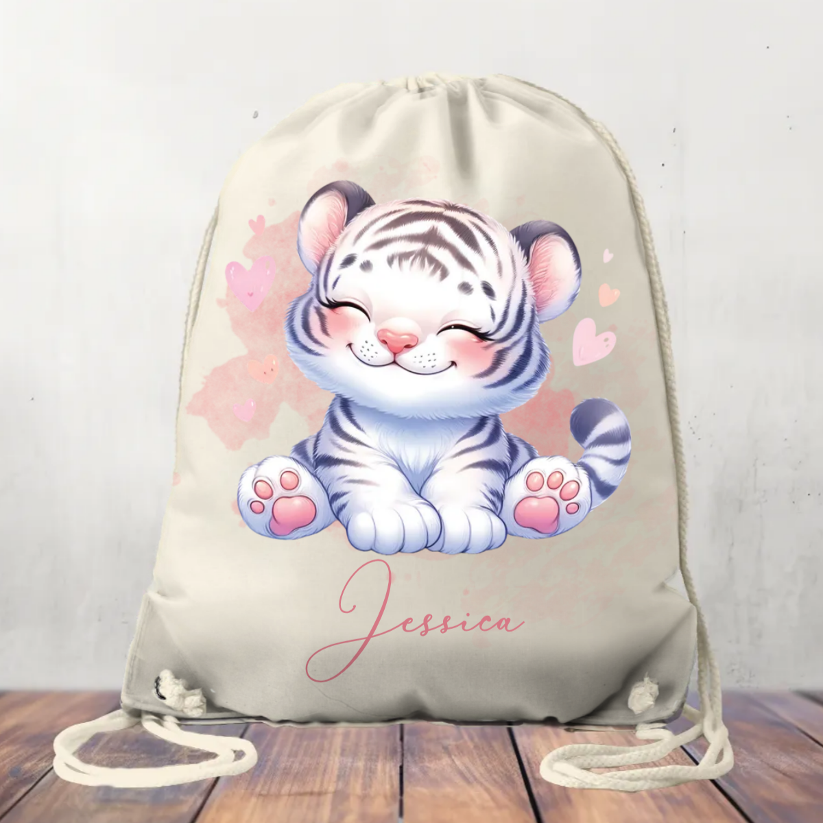 Canvas Drawstring Bag Personalised White Tiger