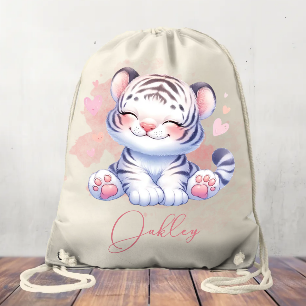 Canvas Drawstring Bag Personalised White Tiger