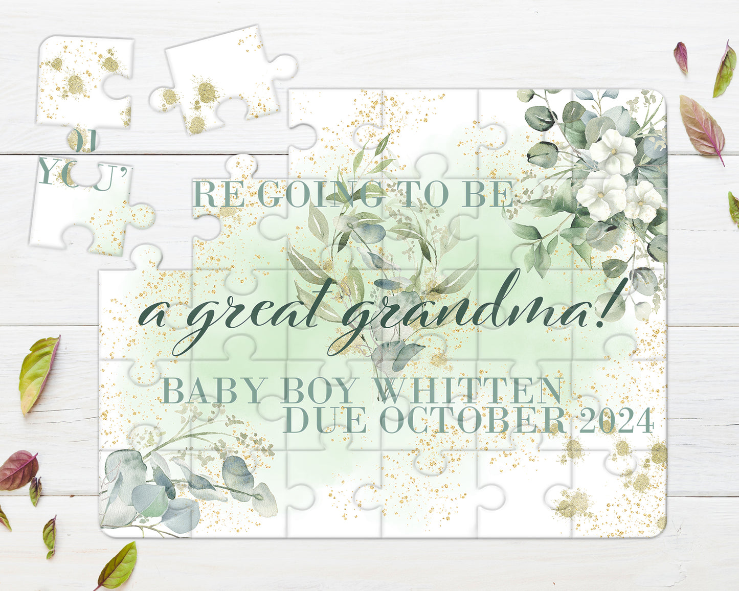 Eucalyptus Greenery 30pce Wooden Puzzle, Baby Announcement