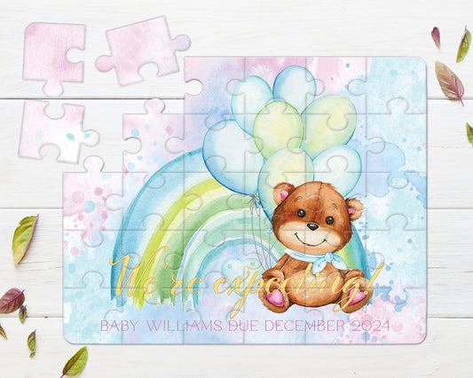 Rainbow Teddy Bear, Blue, 30pce Wooden Puzzle, Baby Announcement