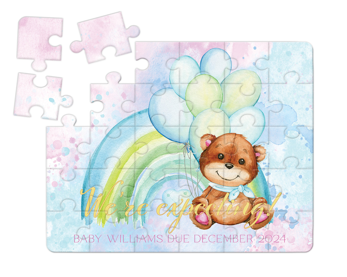 Rainbow Teddy Bear, Blue, 30pce Wooden Puzzle, Baby Announcement