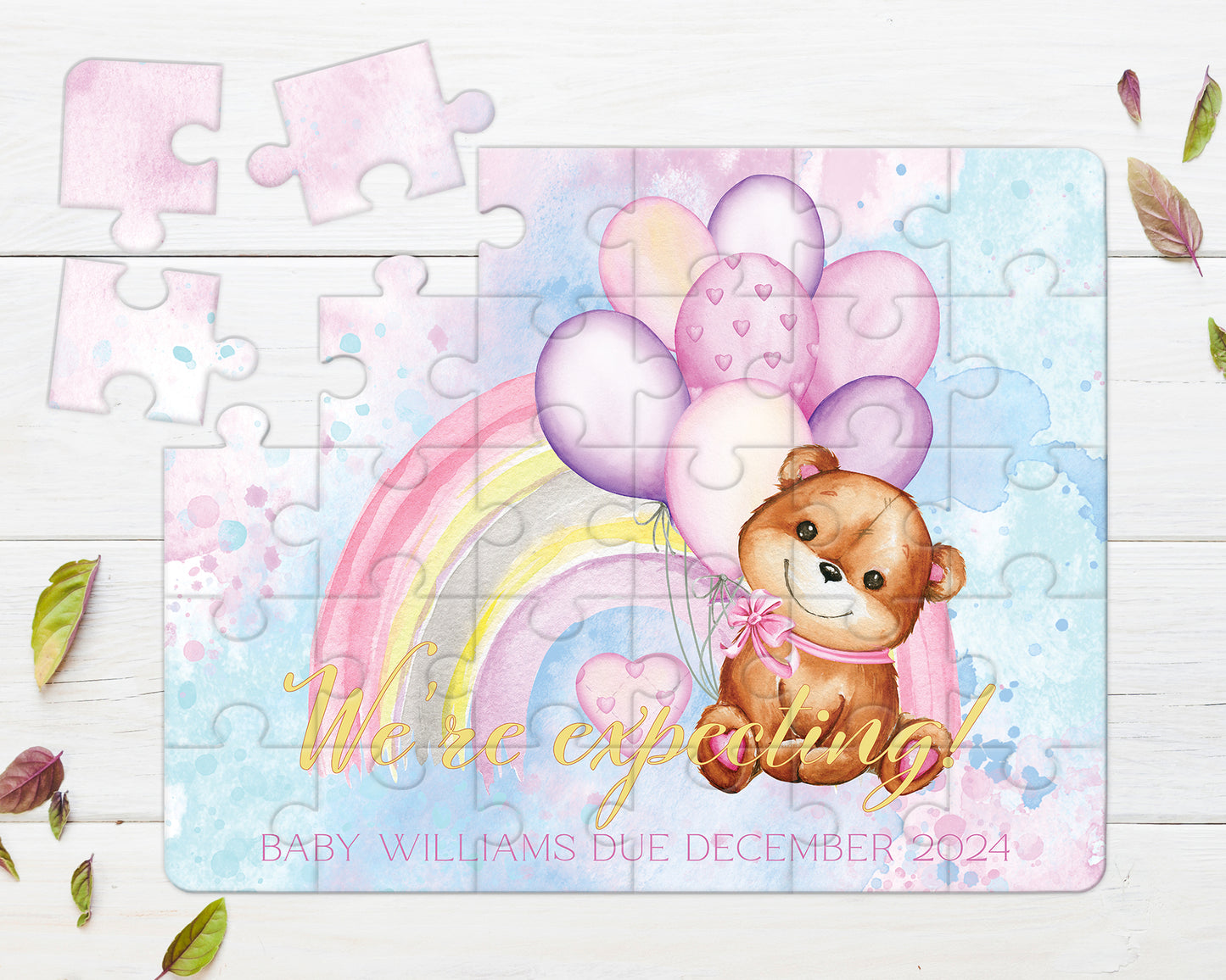 Rainbow Teddy Bear, Pink, 30pce Wooden Puzzle, Baby Announcement