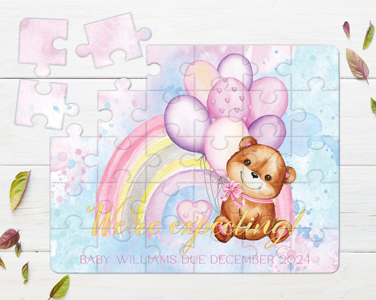 Rainbow Teddy Bear, Pink, 30pce Wooden Puzzle, Baby Announcement