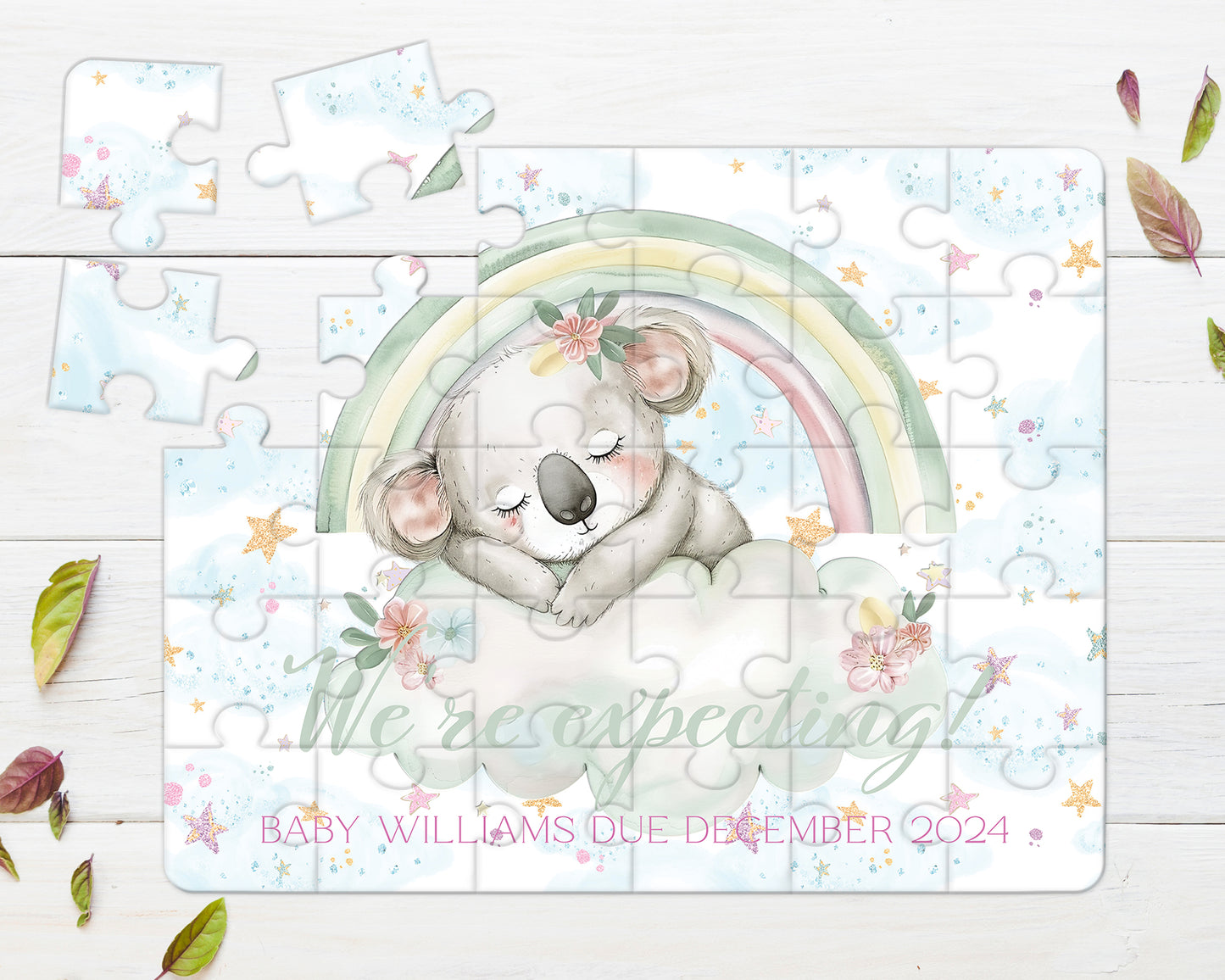 Rainbow Koala, 30pce Wooden Puzzle, Baby Announcement