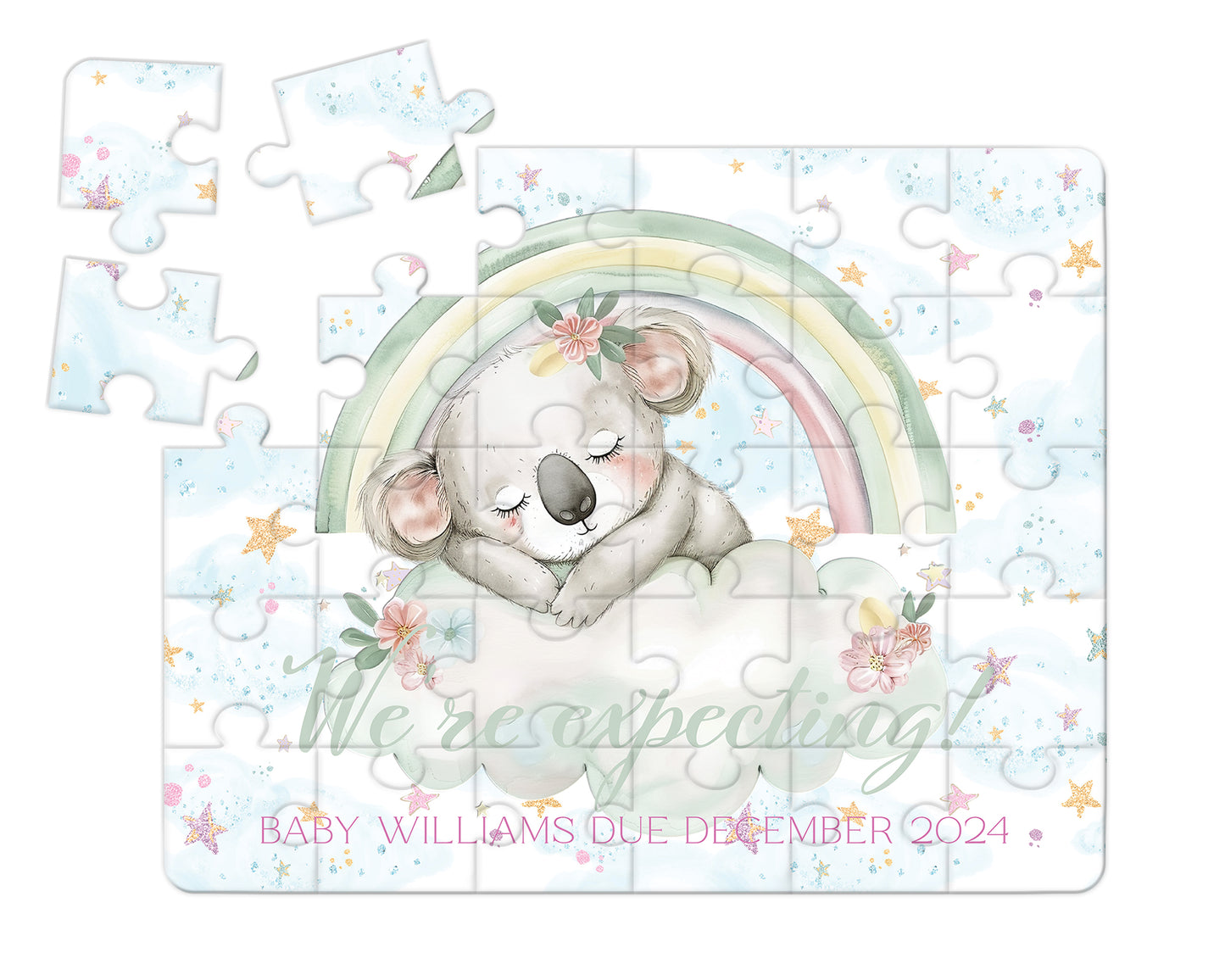 Rainbow Koala, 30pce Wooden Puzzle, Baby Announcement