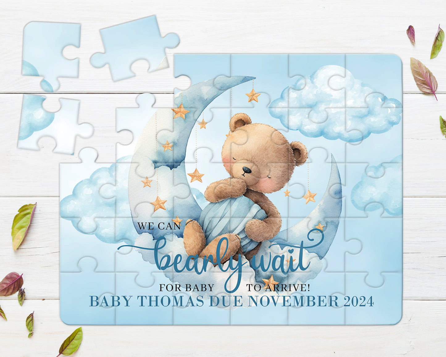 Bear, Blue, 30pce Wooden Puzzle, Baby Announcement