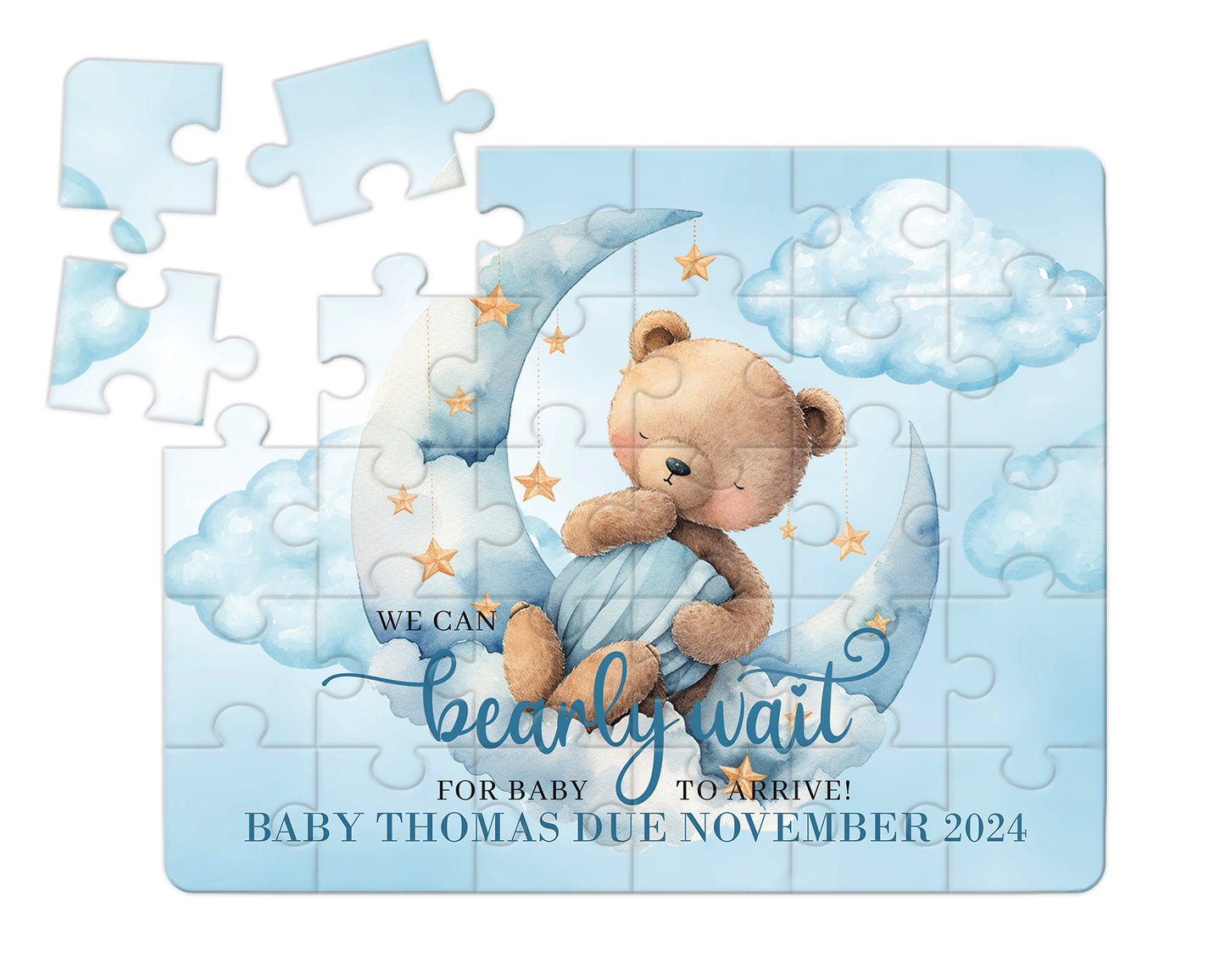 Bear, Blue, 30pce Wooden Puzzle, Baby Announcement