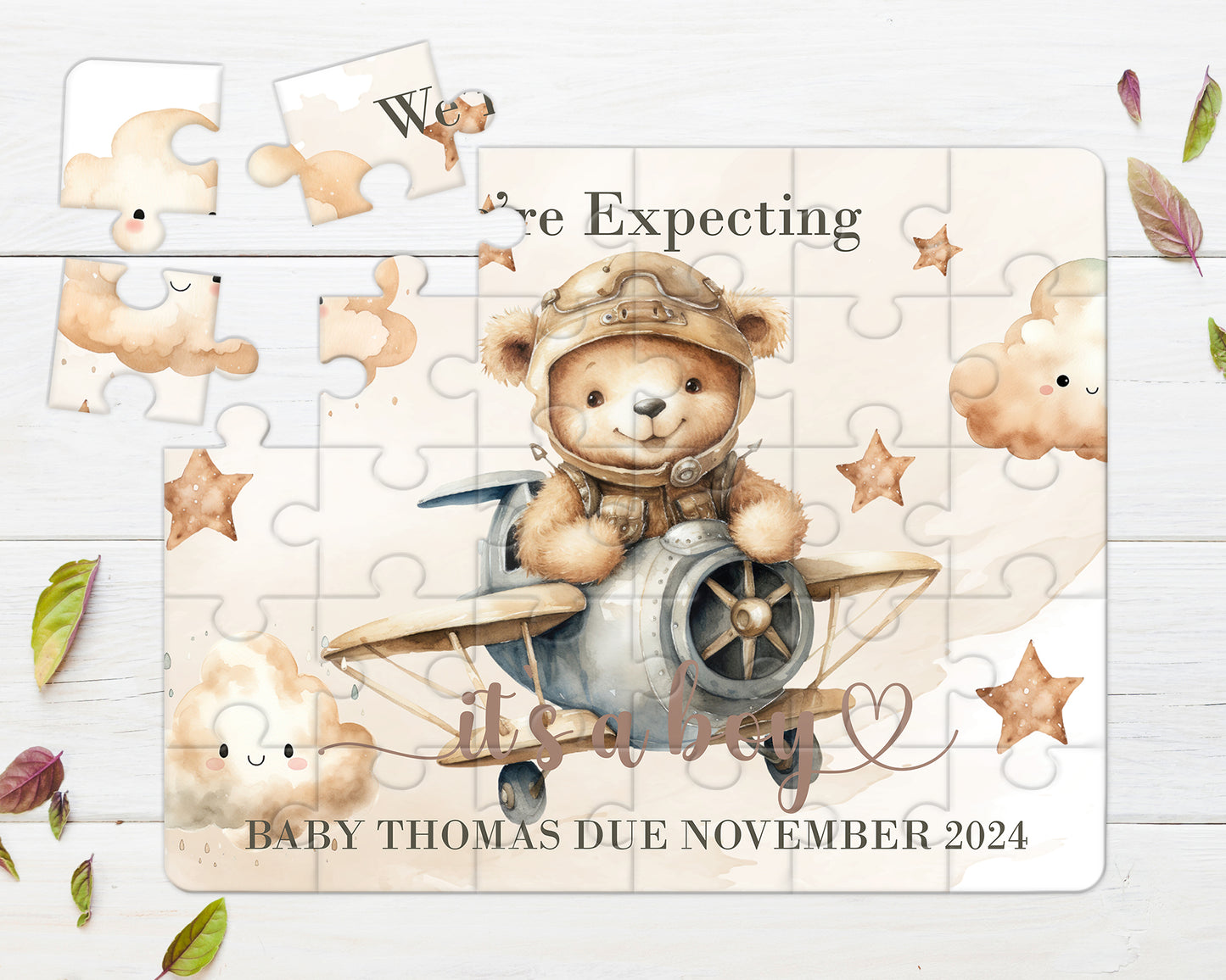 Bear, Plane, Neutral, 30pce Wooden Puzzle, Baby Announcement