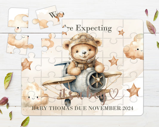 Bear, Plane, Neutral, 30pce Wooden Puzzle, Baby Announcement