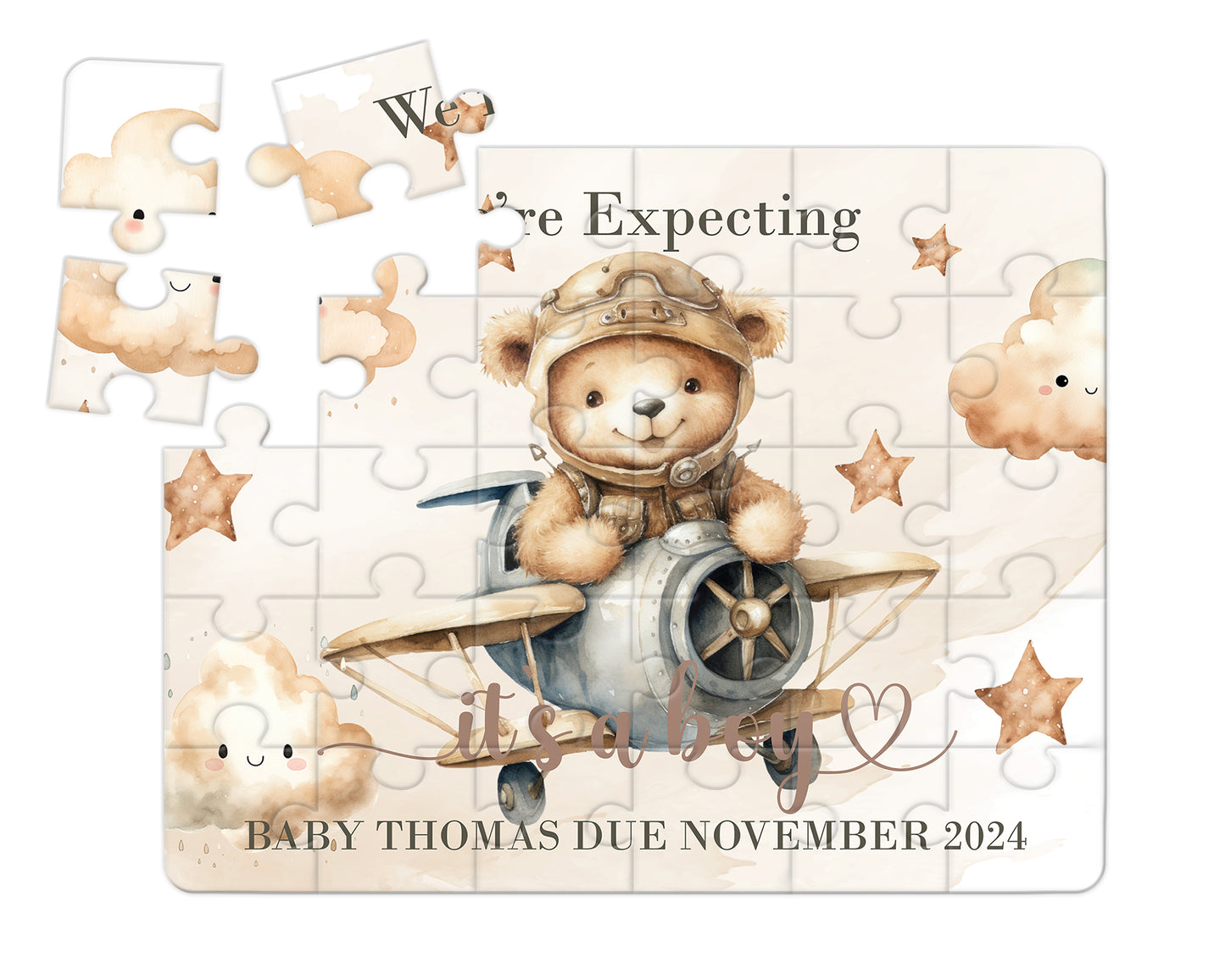 Bear, Plane, Neutral, 30pce Wooden Puzzle, Baby Announcement