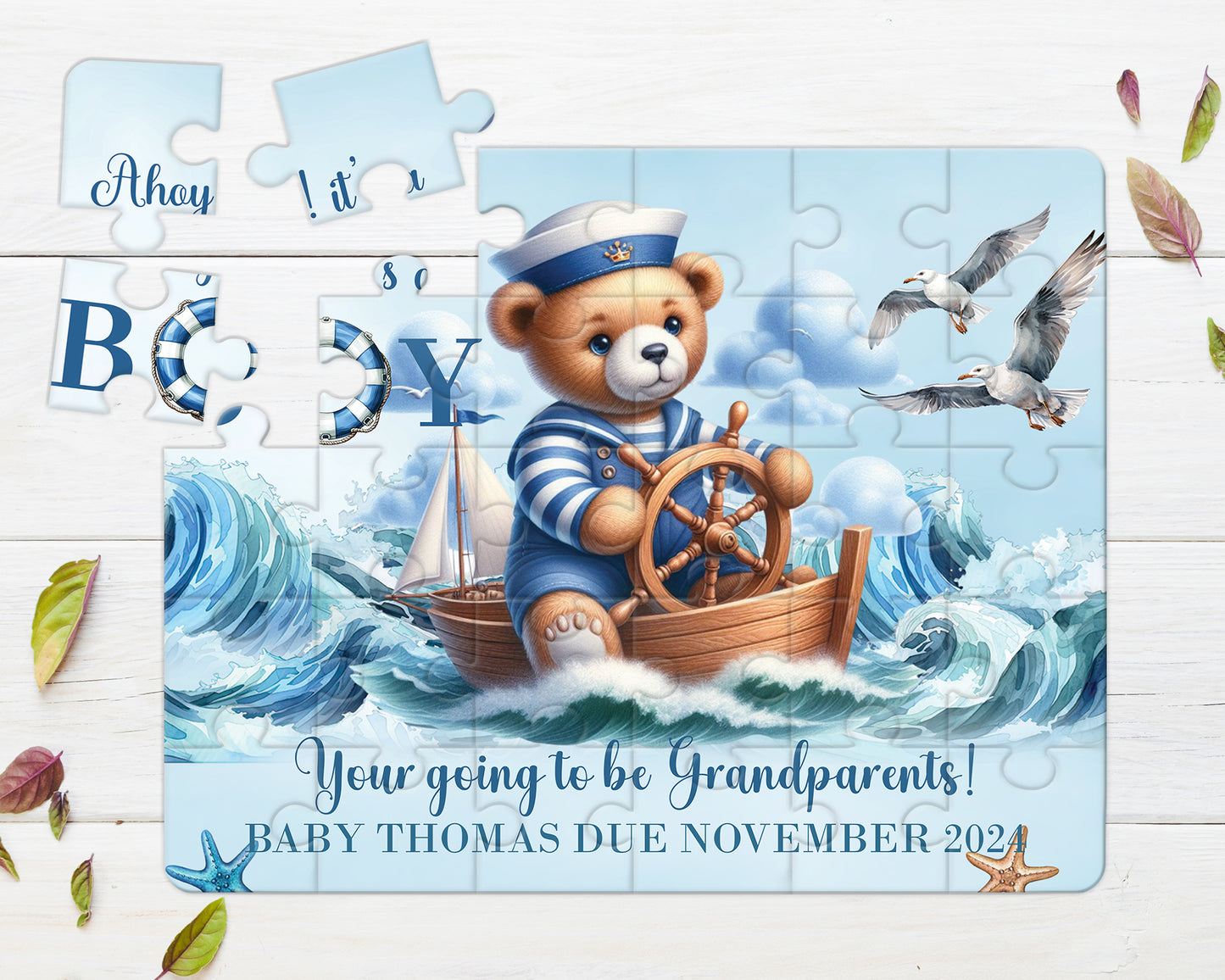 Sailor Bear, Blue, 30pce Wooden Puzzle, Baby Announcement