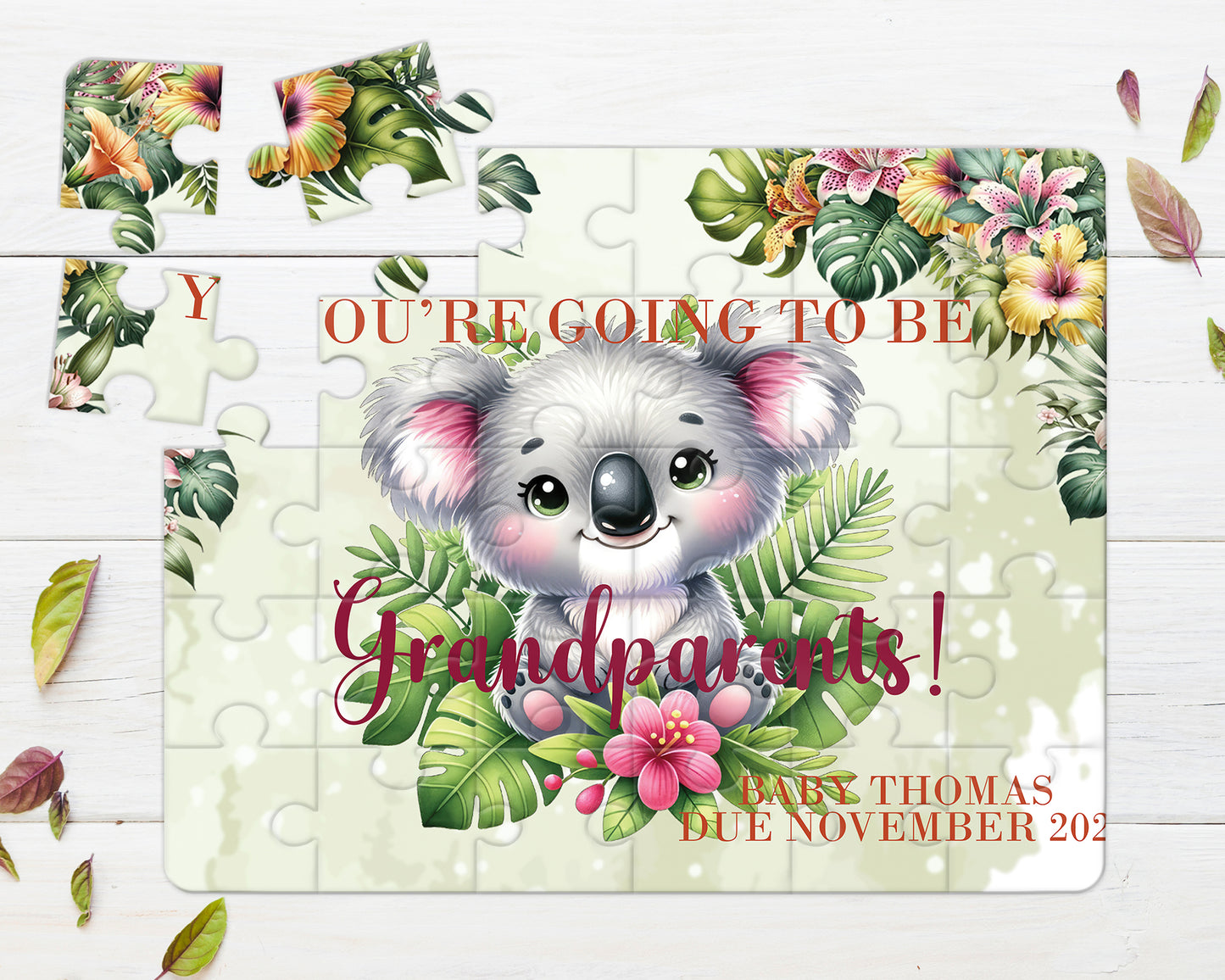 Tropical Koala, 30pce Wooden Puzzle, Baby Announcement