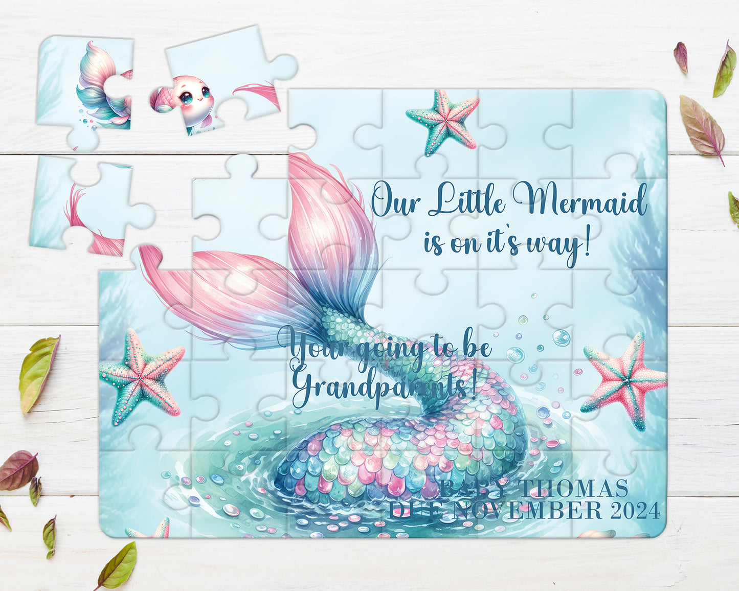 Our Little Mermaid is on it's Way, 30pce Wooden Puzzle, Baby Announcement