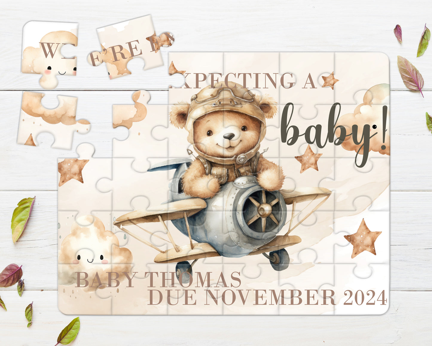 Bear, Plane, Neutral, 30pce Wooden Puzzle, Baby Announcement