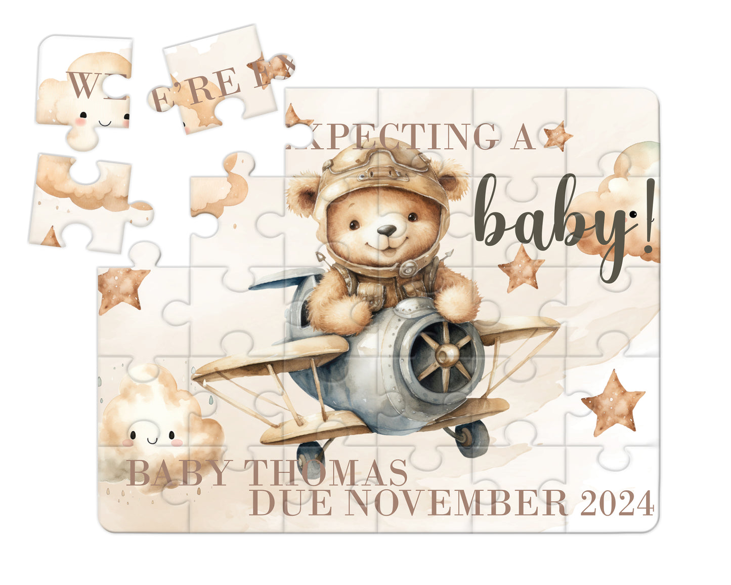 Bear, Plane, Neutral, 30pce Wooden Puzzle, Baby Announcement