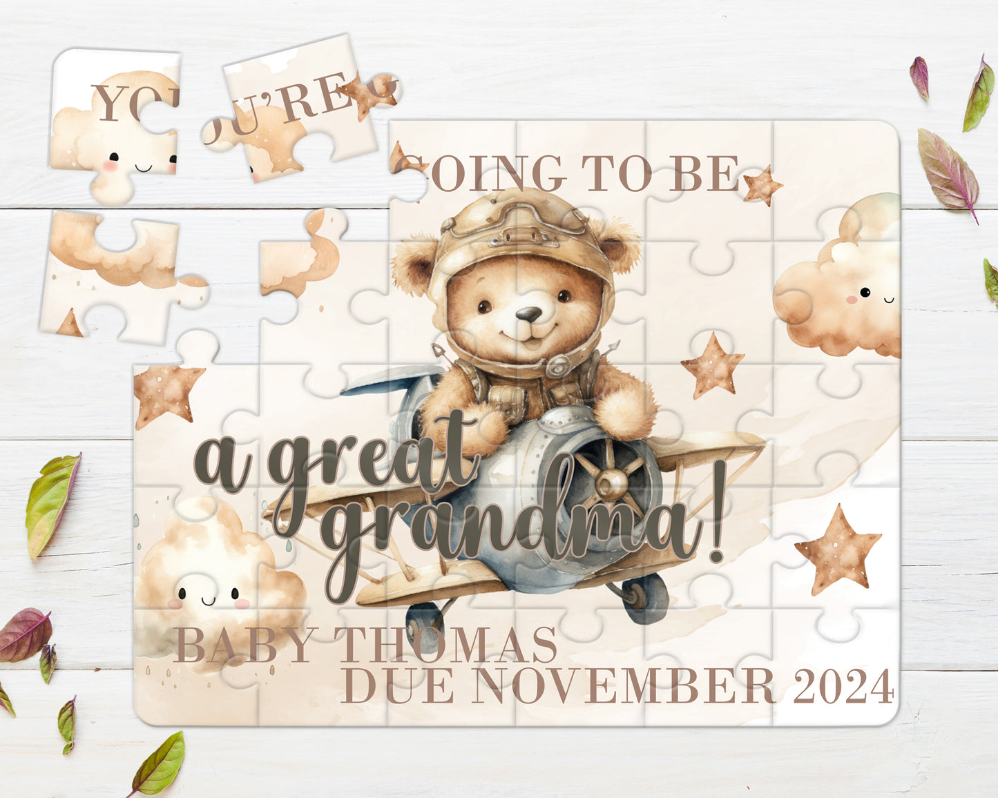 Bear, Plane, Neutral, 30pce Wooden Puzzle, Baby Announcement