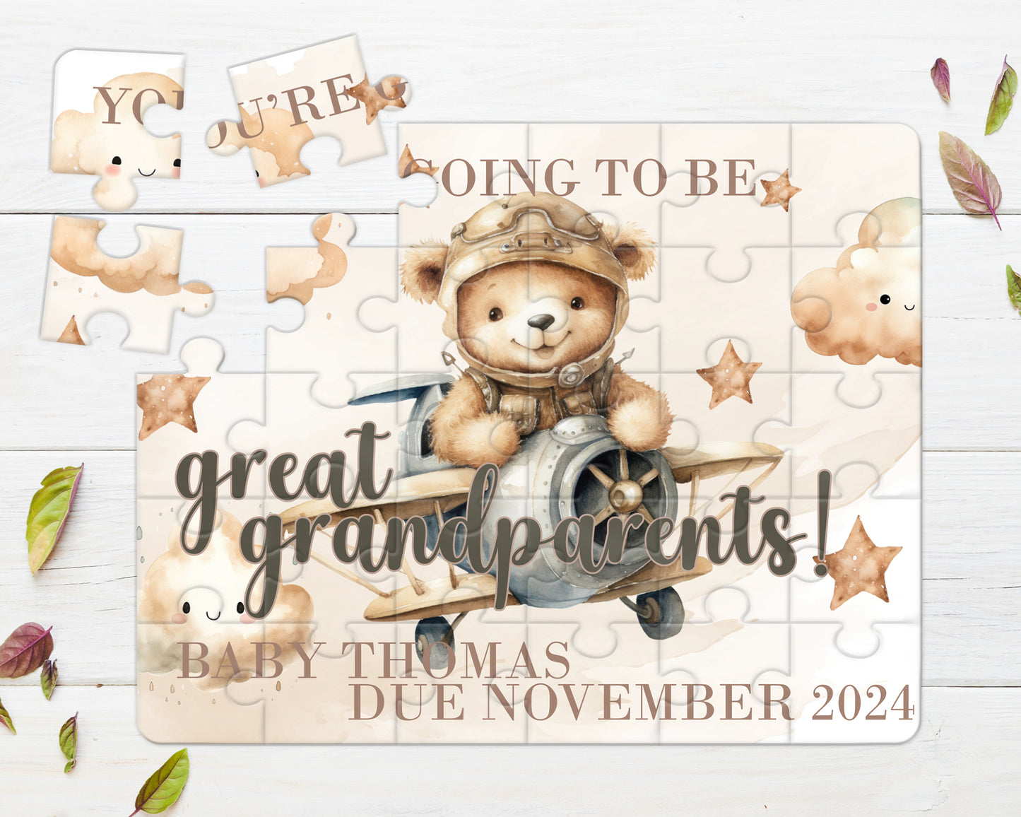 Bear, Plane, Neutral, 30pce Wooden Puzzle, Baby Announcement