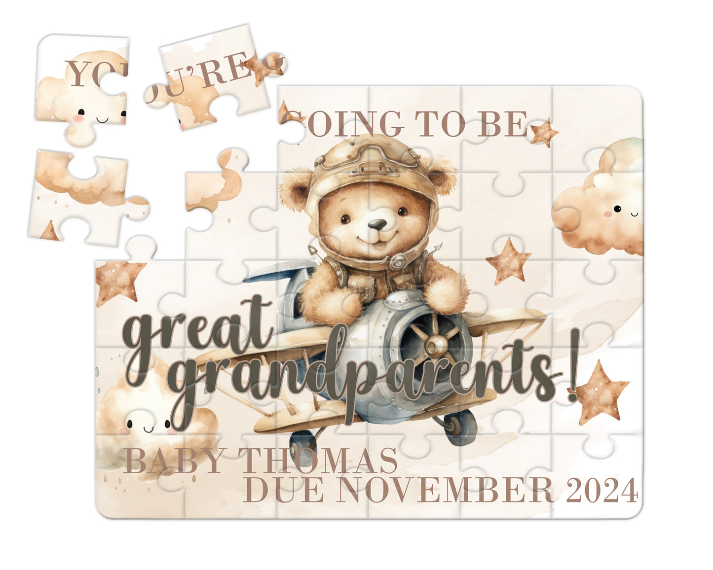 Bear, Plane, Neutral, 30pce Wooden Puzzle, Baby Announcement