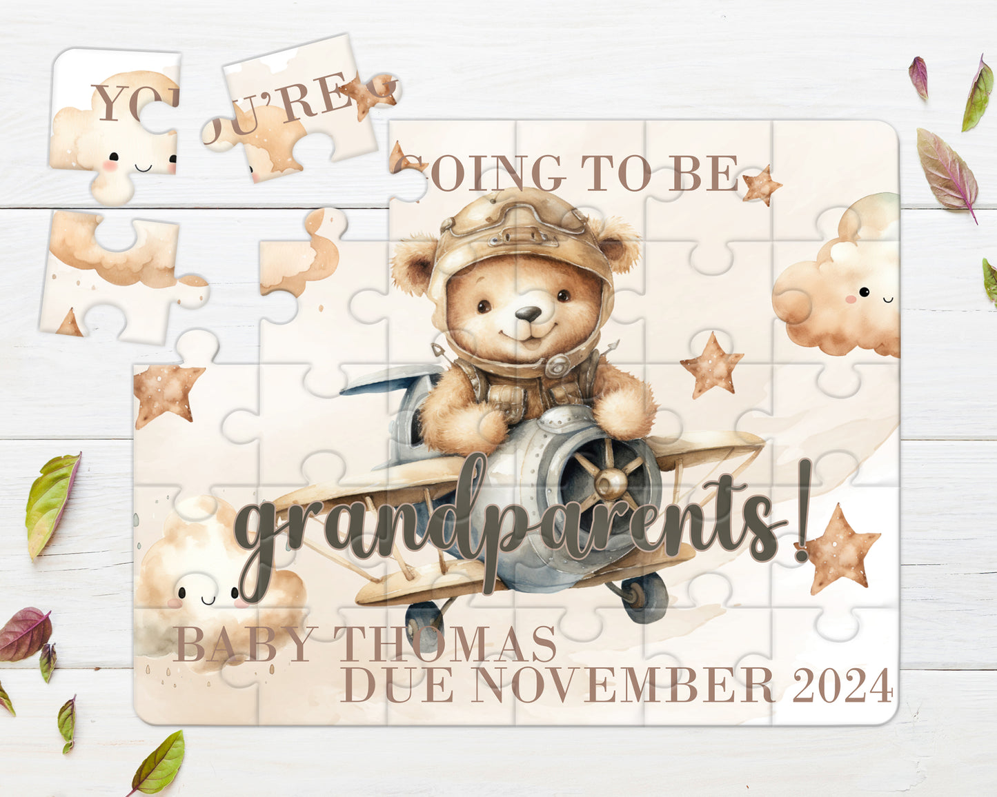 Bear, Plane, Neutral, 30pce Wooden Puzzle, Baby Announcement