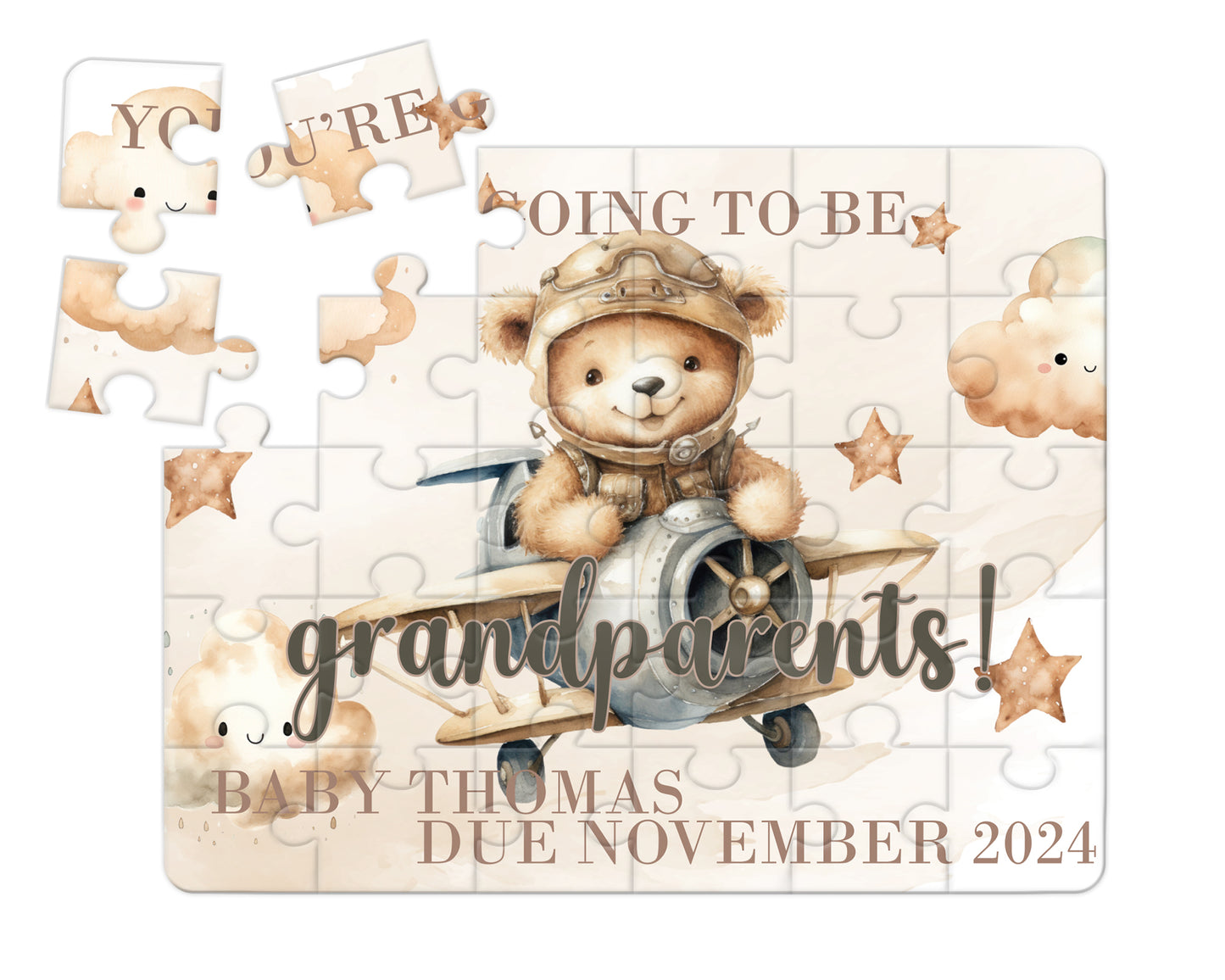 Bear, Plane, Neutral, 30pce Wooden Puzzle, Baby Announcement