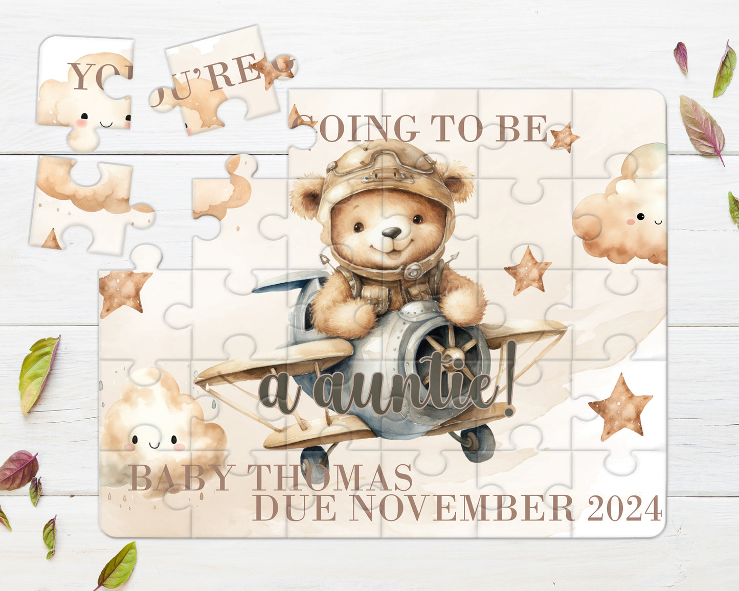 Bear, Plane, Neutral, 30pce Wooden Puzzle, Baby Announcement