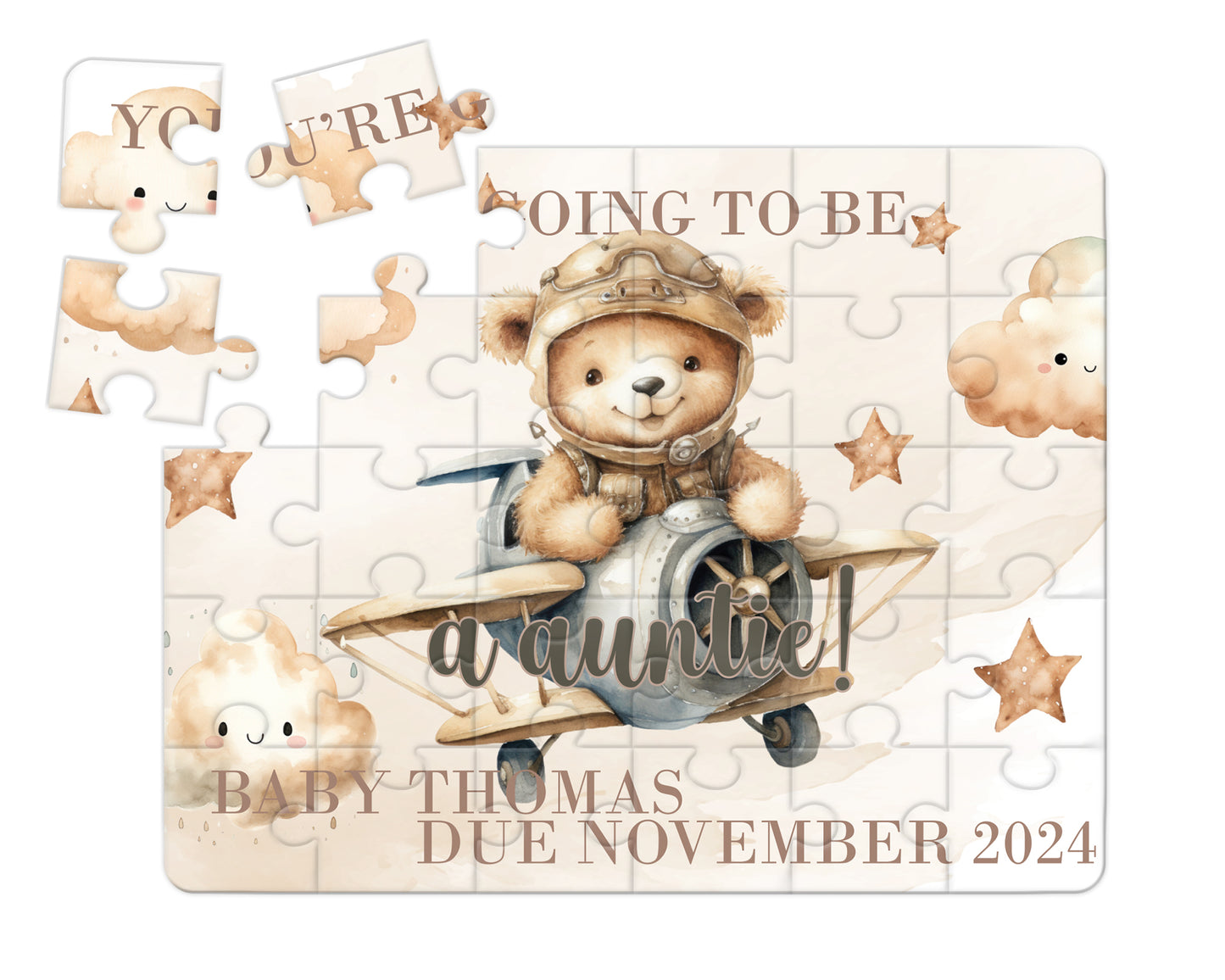 Bear, Plane, Neutral, 30pce Wooden Puzzle, Baby Announcement