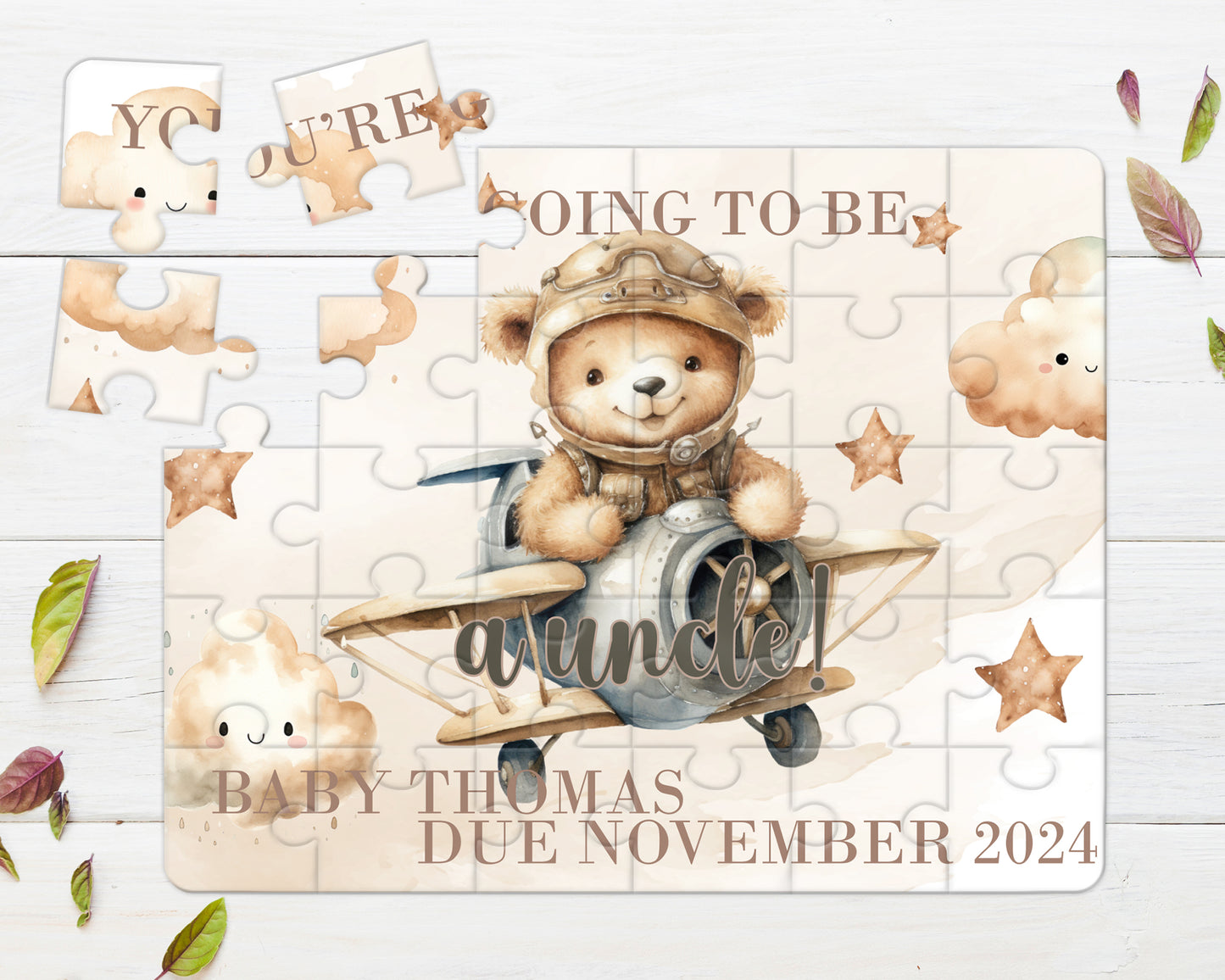 Bear, Plane, Neutral, 30pce Wooden Puzzle, Baby Announcement