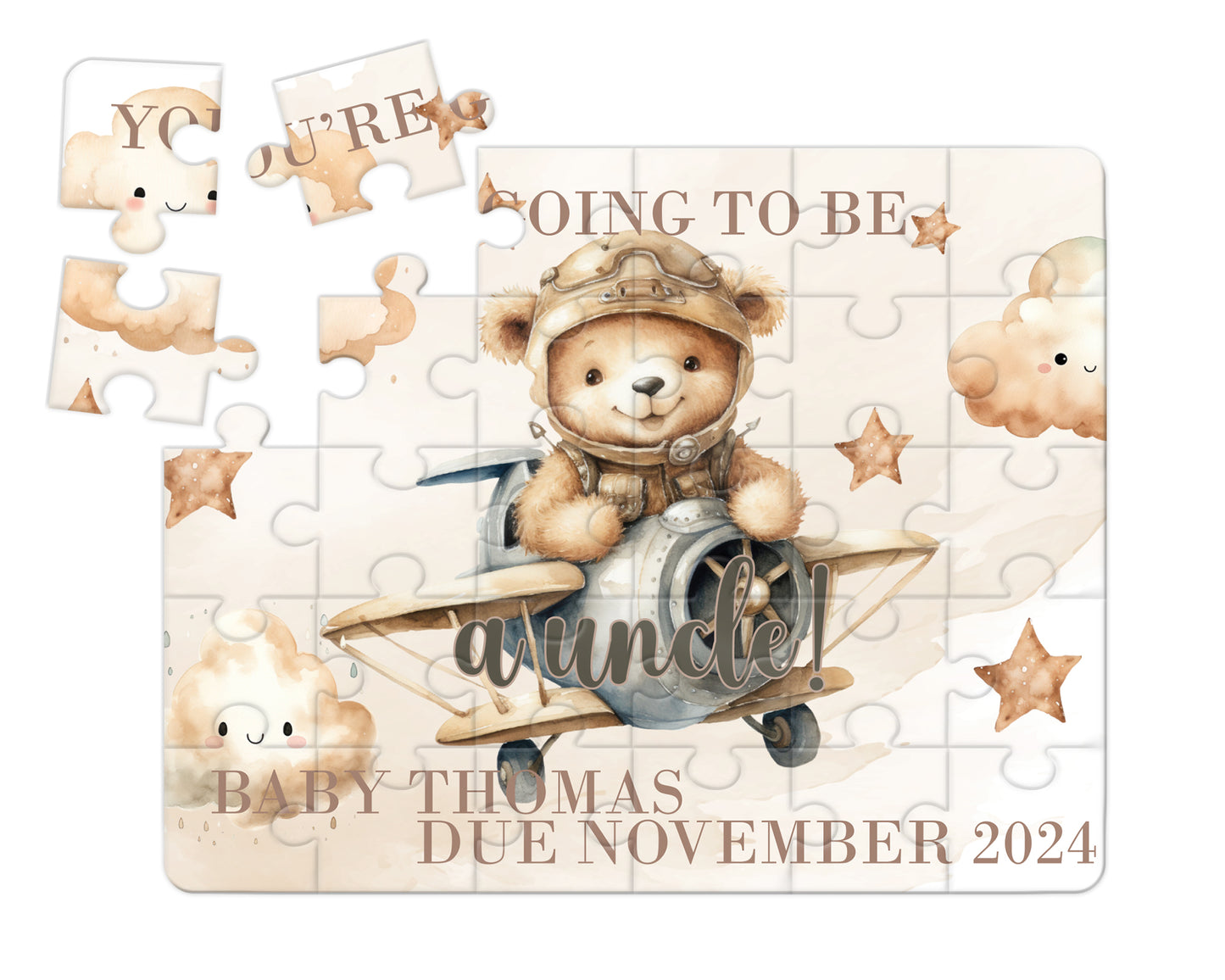 Bear, Plane, Neutral, 30pce Wooden Puzzle, Baby Announcement