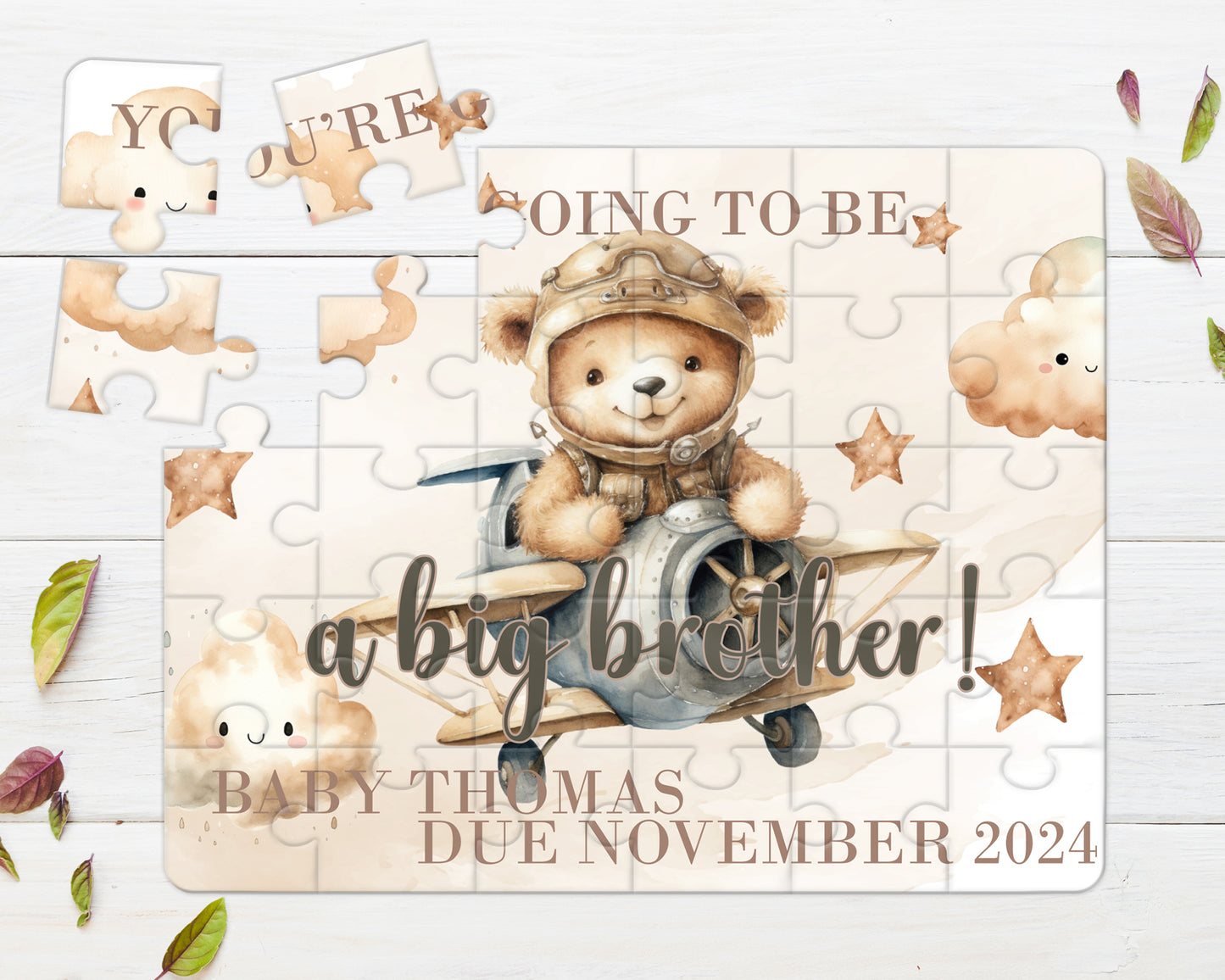 Bear, Plane, Neutral, 30pce Wooden Puzzle, Baby Announcement