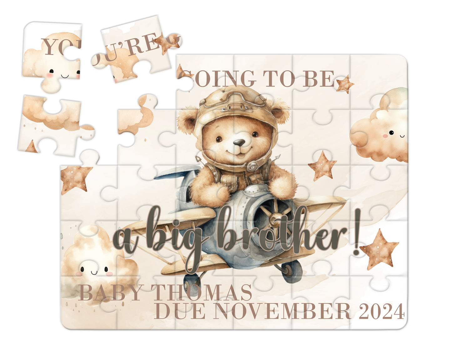 Bear, Plane, Neutral, 30pce Wooden Puzzle, Baby Announcement