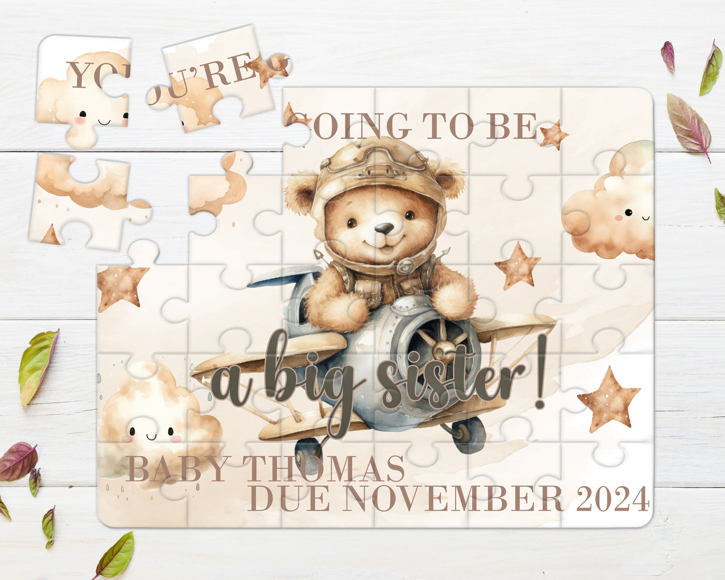 Bear, Plane, Neutral, 30pce Wooden Puzzle, Baby Announcement