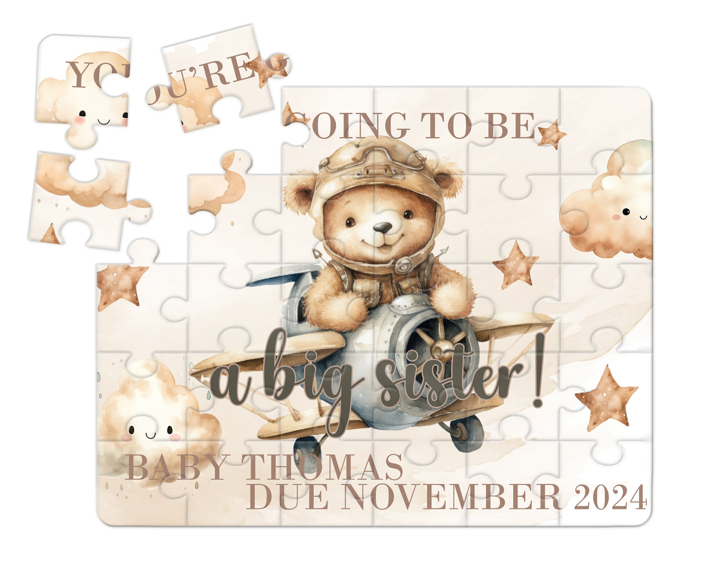 Bear, Plane, Neutral, 30pce Wooden Puzzle, Baby Announcement