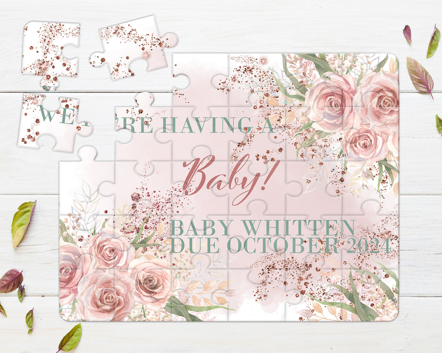 Boho Pink, 30pce Wooden Puzzle, Baby Announcement