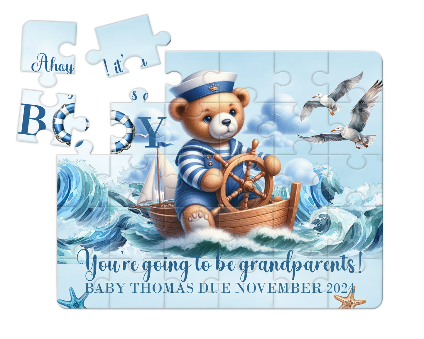 Sailor Bear, Blue, 30pce Wooden Puzzle, Baby Announcement