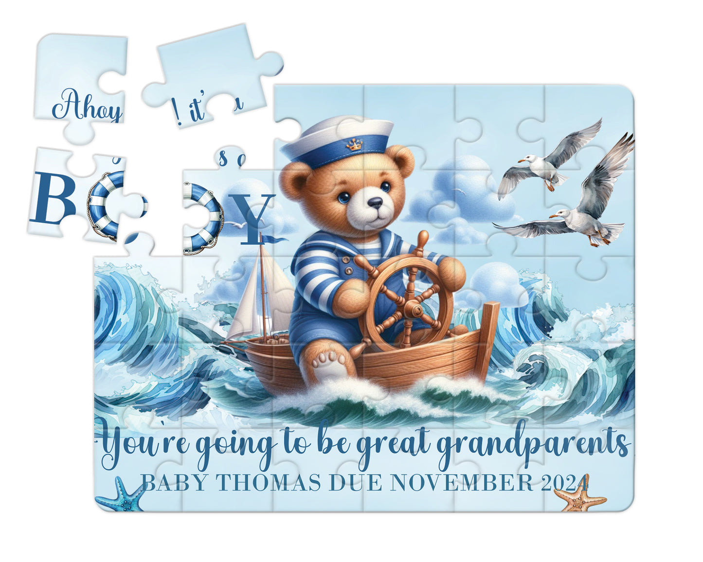 Sailor Bear, Blue, 30pce Wooden Puzzle, Baby Announcement