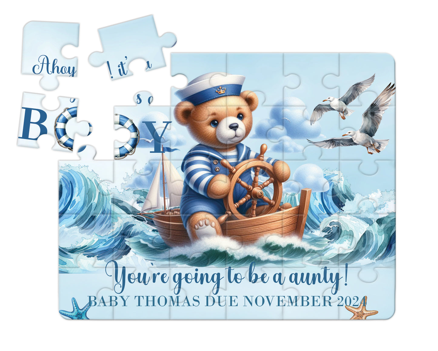 Sailor Bear, Blue, 30pce Wooden Puzzle, Baby Announcement