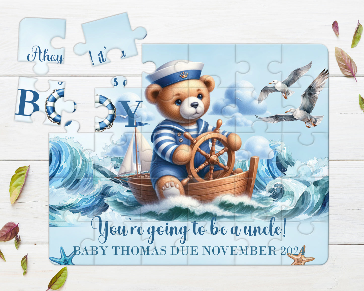 Sailor Bear, Blue, 30pce Wooden Puzzle, Baby Announcement