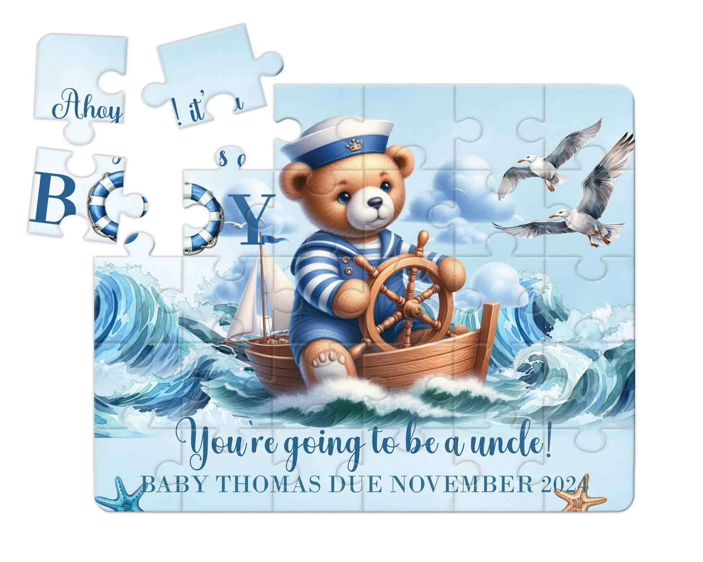 Sailor Bear, Blue, 30pce Wooden Puzzle, Baby Announcement