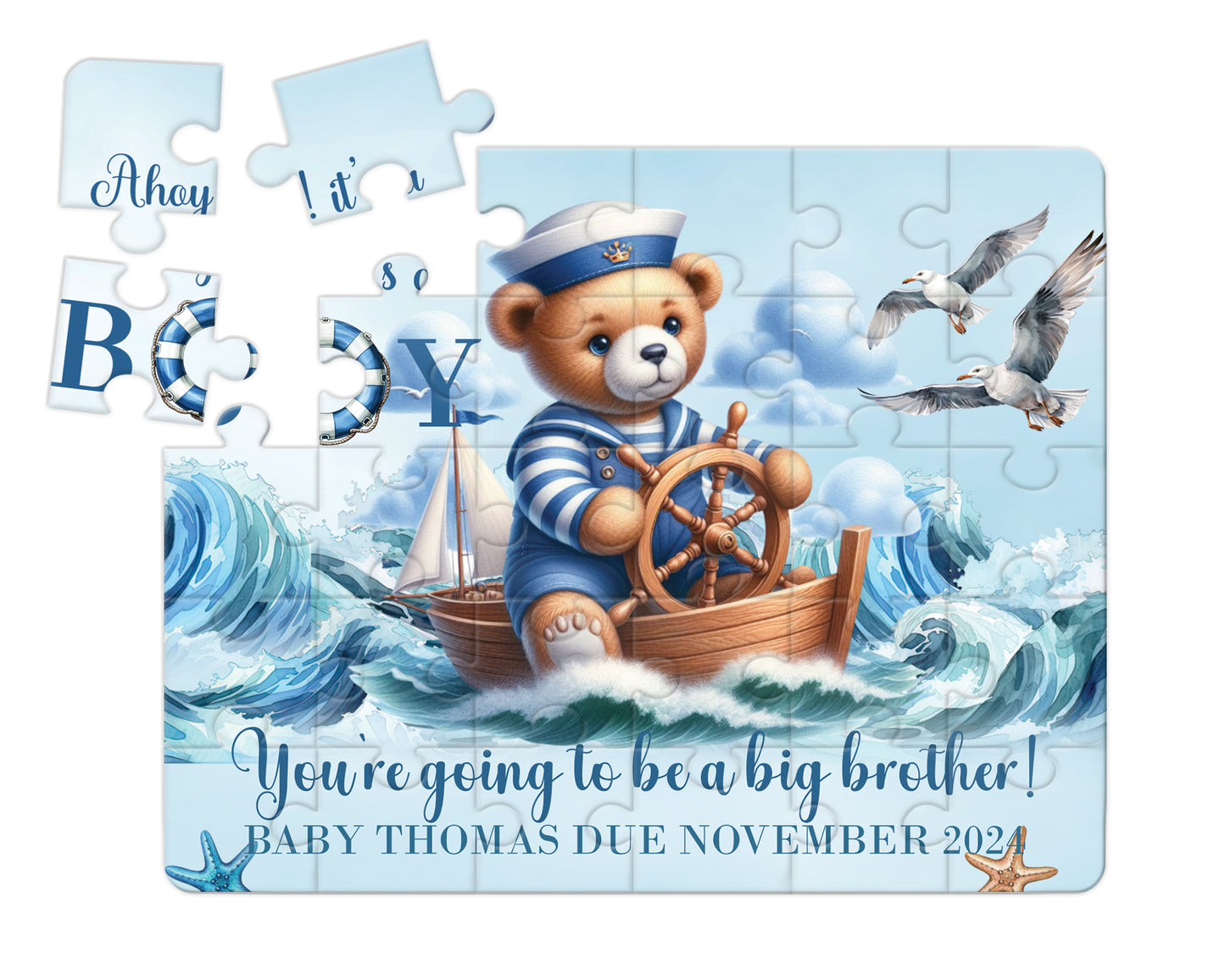 Sailor Bear, Blue, 30pce Wooden Puzzle, Baby Announcement