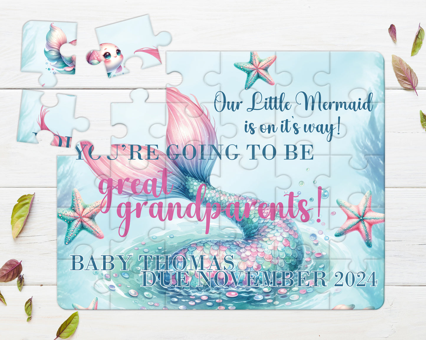 Our Little Mermaid is on it's Way, 30pce Wooden Puzzle, Baby Announcement