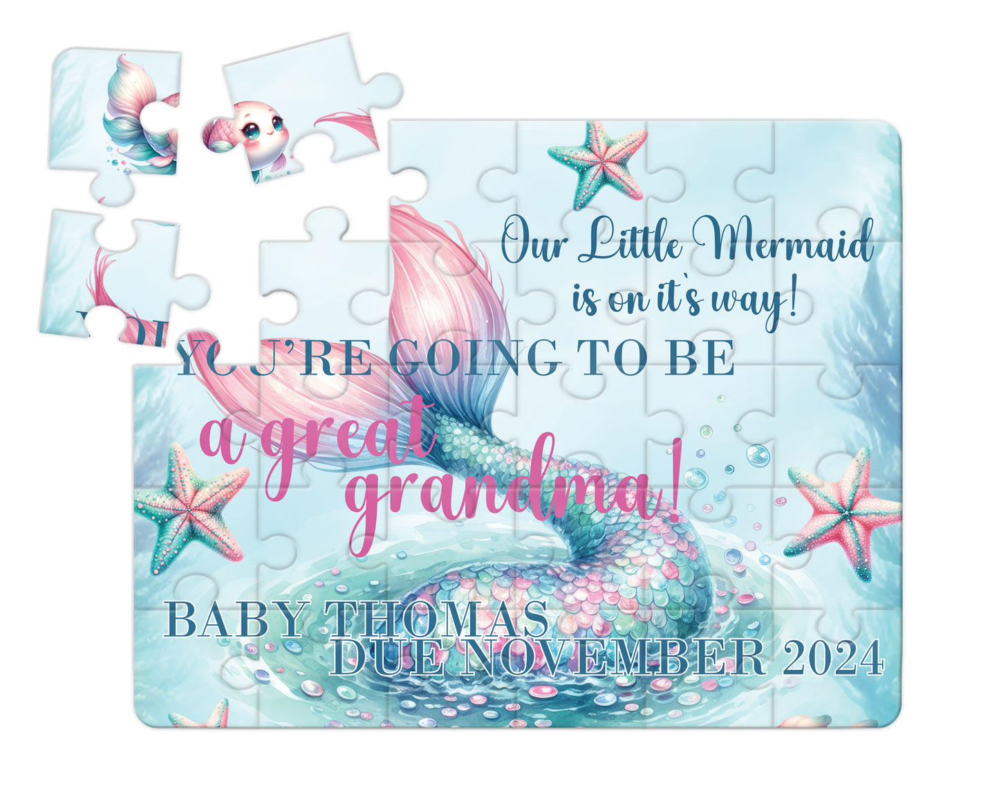 Our Little Mermaid is on it's Way, 30pce Wooden Puzzle, Baby Announcement