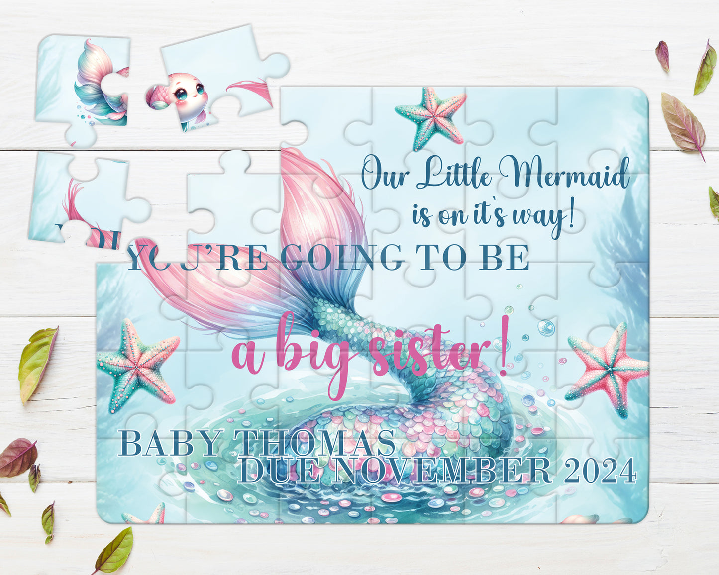 Our Little Mermaid is on it's Way, 30pce Wooden Puzzle, Baby Announcement