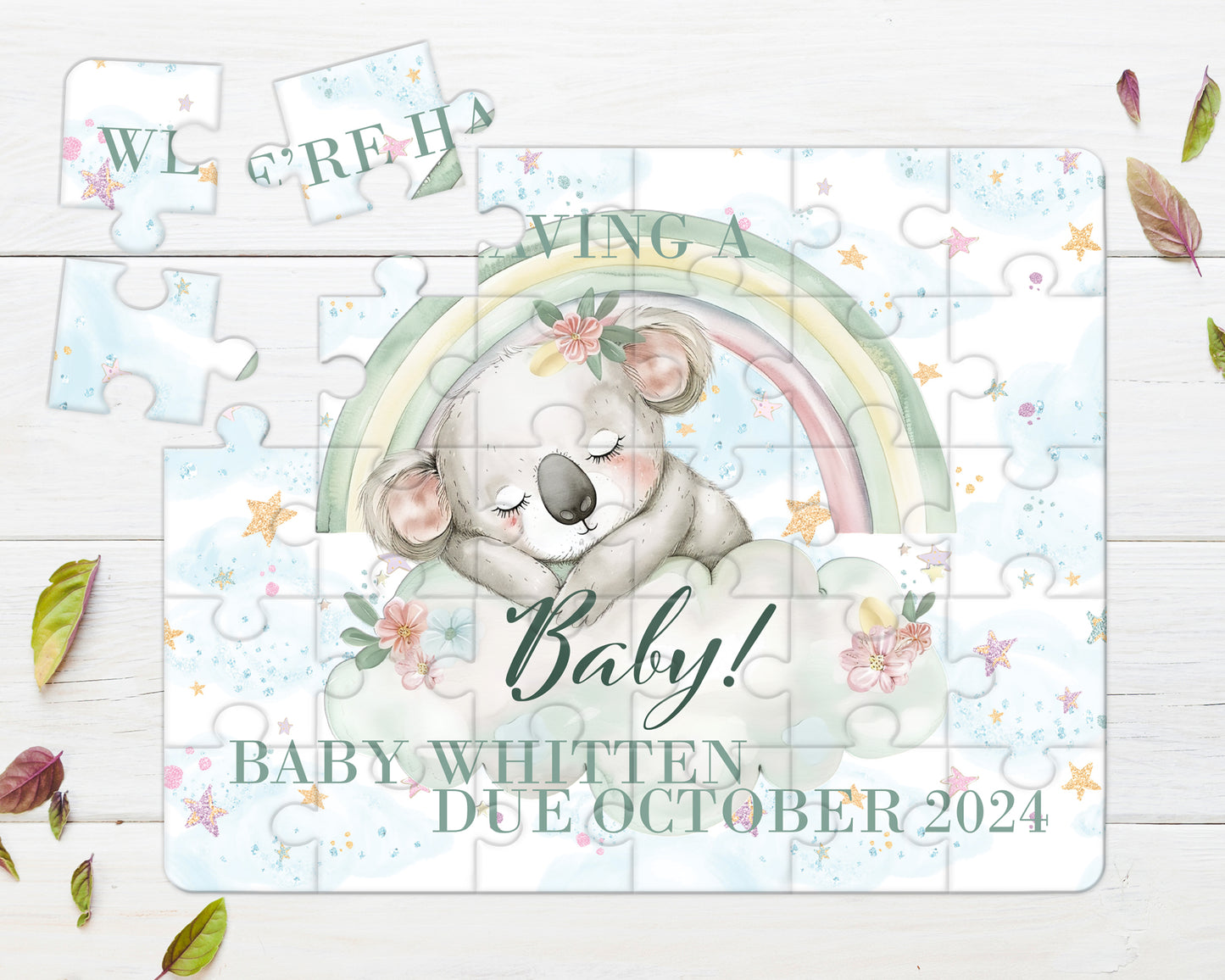 Rainbow Koala, 30pce Wooden Puzzle, Baby Announcement