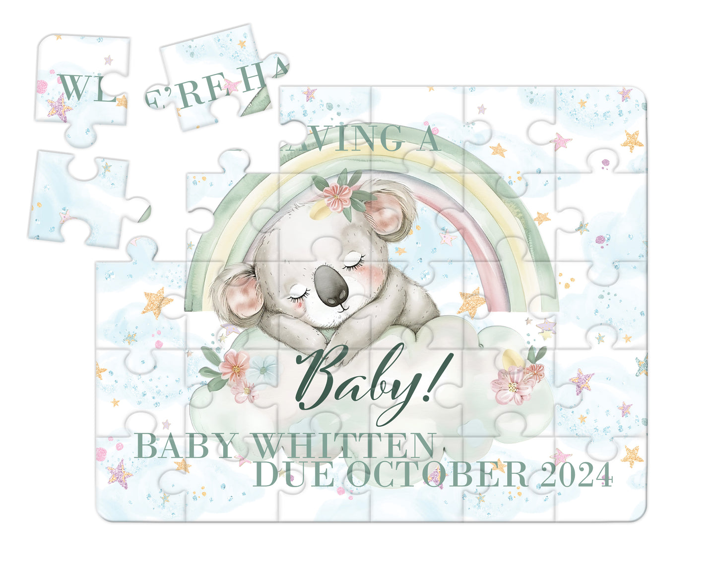 Rainbow Koala, 30pce Wooden Puzzle, Baby Announcement