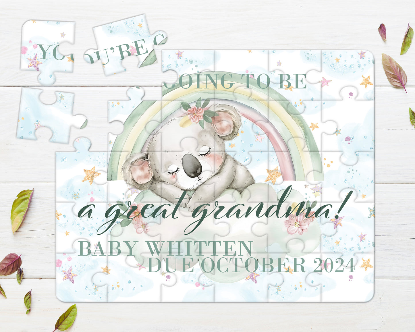 Rainbow Koala, 30pce Wooden Puzzle, Baby Announcement